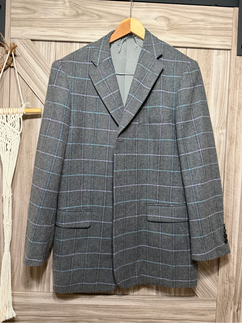 Alfred Dunhill 100% Cashmere Windowpane Plaid
Blazer Grey Teal Size 50 US 40R
